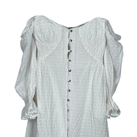 CULT GAIA SIMONA SEERSUCKER LINEN WHITE OFF THE SHOULDER BUTTON DOWN MIDI DRESS - Picture 7 of 15